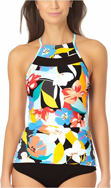 Anne Cole Modern Blooms Mesh Insert Hi-Neck Tankini   Multicolor Size S