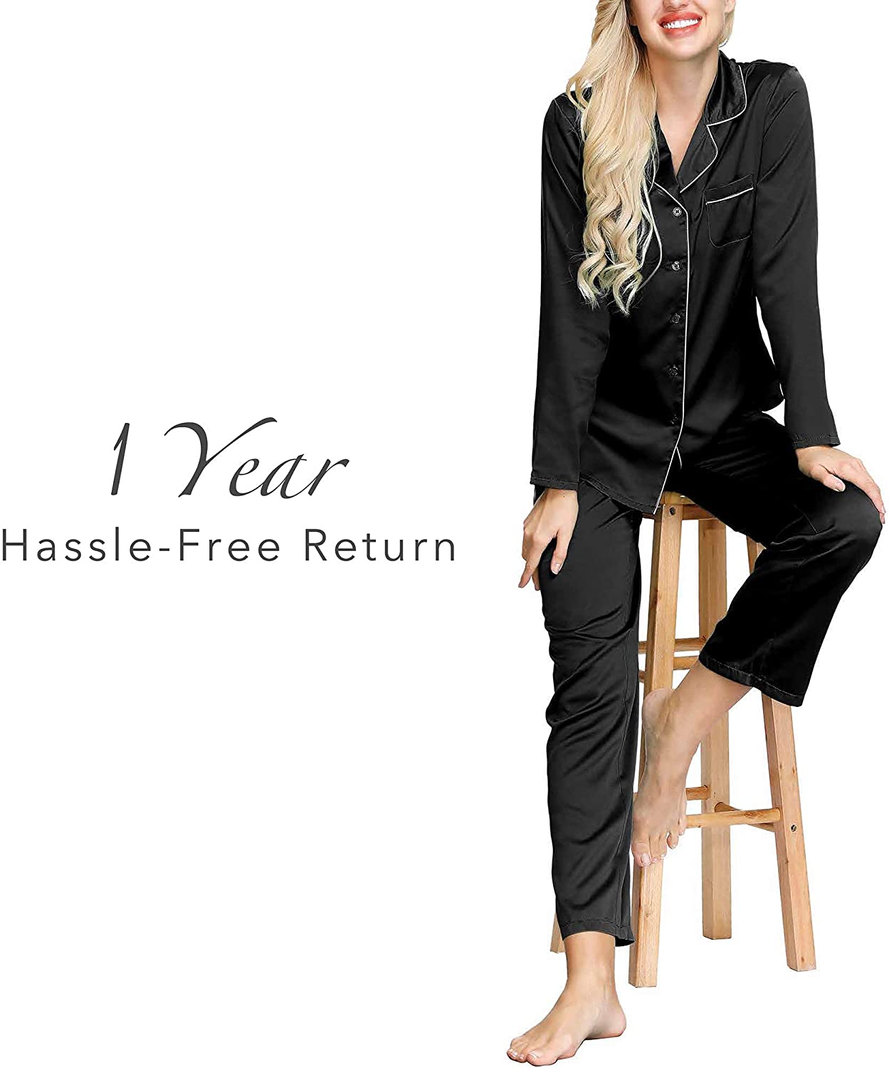 INK+IVY Women's Standard Satin Long Sleeve Button Top & Trouser Pajama Set  Color: Black Size L