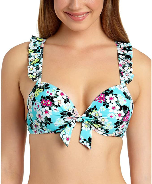 California Waves Juniors' Floral Ruffle X-Back Underwire Push-Up Bikini Top  Color Blue Multi Size L