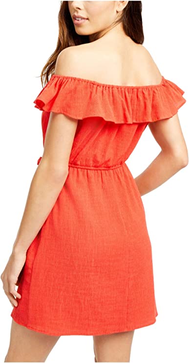 City Studios Juniors Off-The-Shoulder Ruffle Dress   Color Coral Size XL