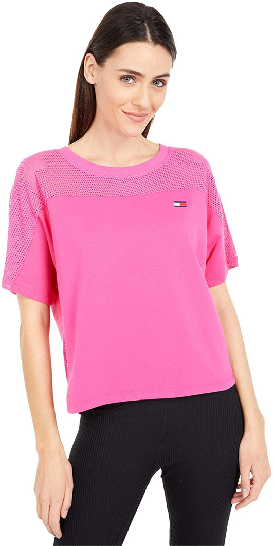 Tommy Hilfiger Women’s Mesh Blocked Short Sleeve Pullover  Color Fuchsia Size S