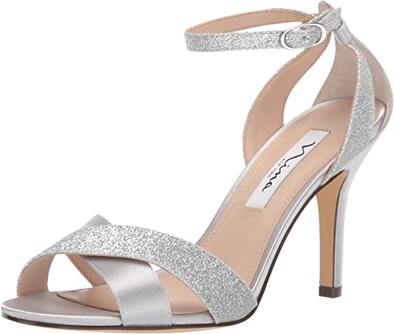 NINA Womens Glitter Ankle Strap Heel Sandals  Color Silver  Size 6.5M