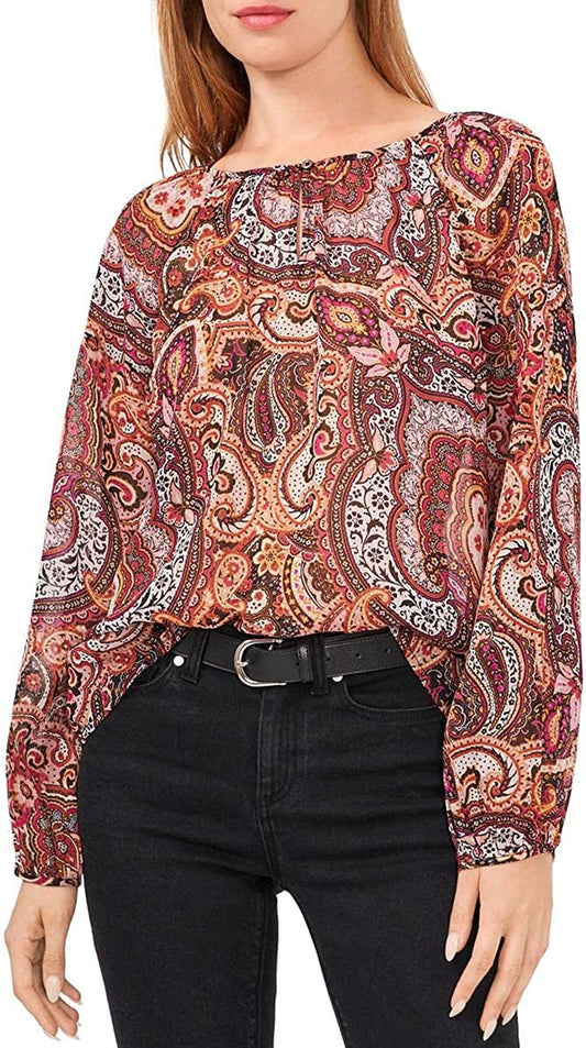 Vince Camuto Women's Metallic Paisley Keyhole Blouse  Color Fuschia Pink Size S