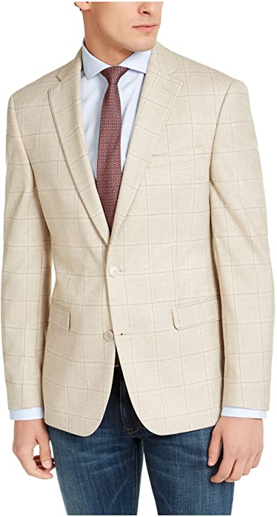 Bar III Men’s Beige Single Breasted, Windowpane Plaid Sport Coat   Style TTAY1CEZ0062