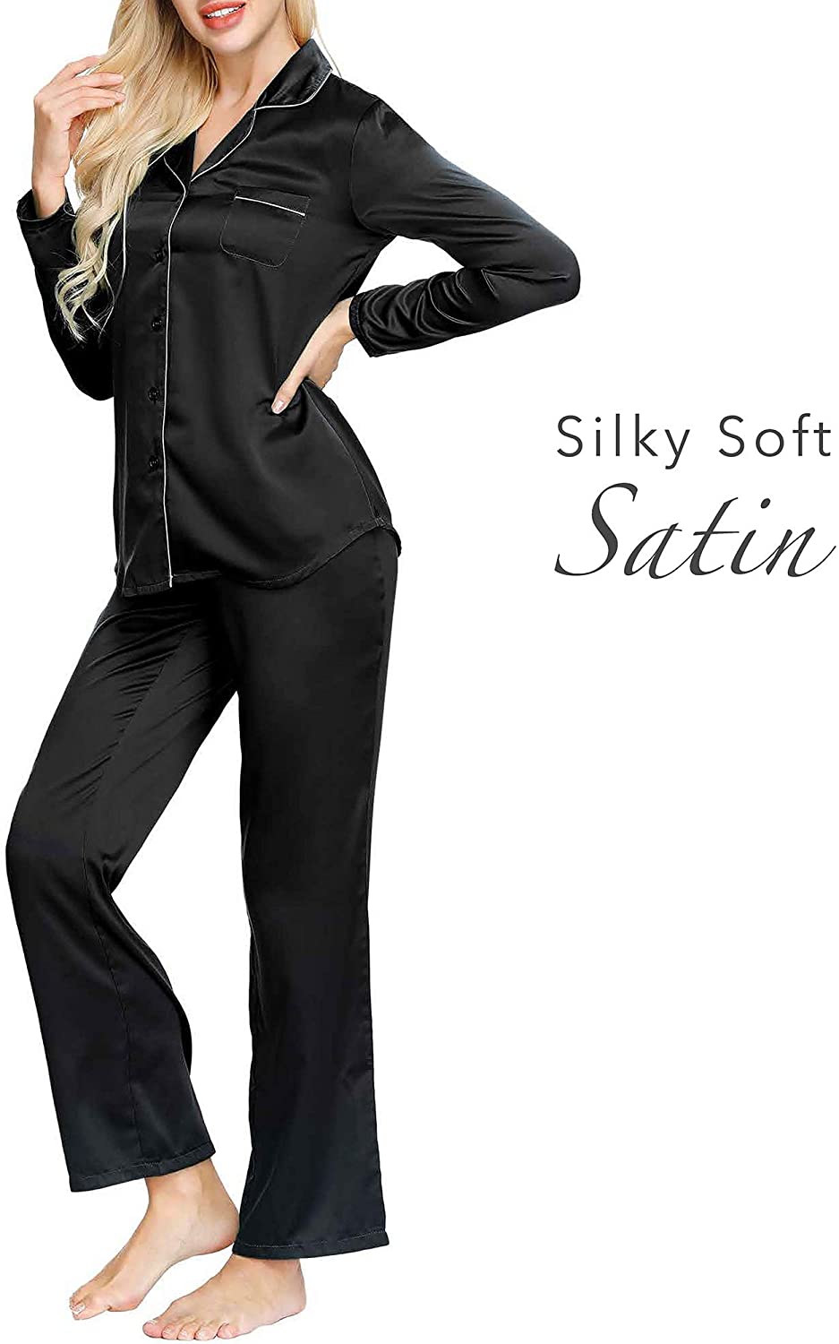 INK+IVY Women's Standard Satin Long Sleeve Button Top & Trouser Pajama Set  Color: Black Size L