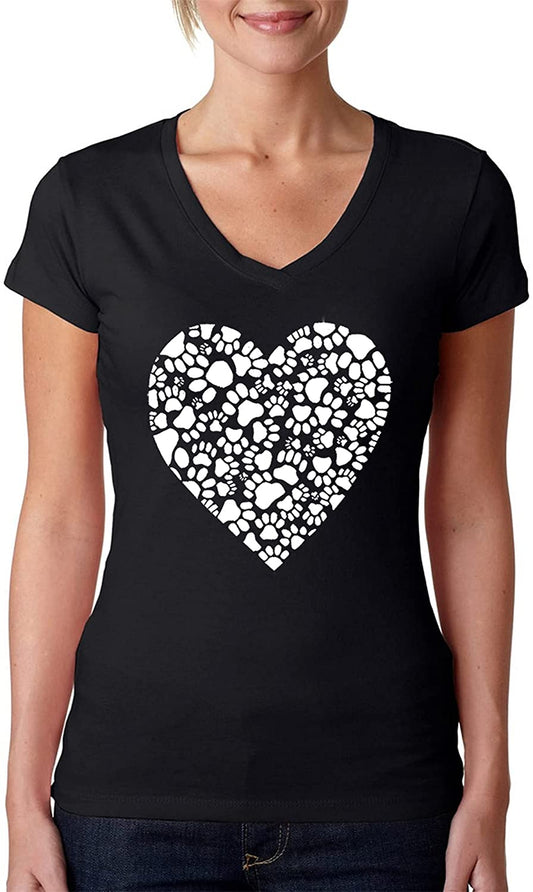 LA POP ART Women's Word Art V-Neck T-Shirt - Paw Prints Heart  Color Black Size S