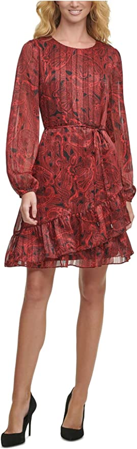 Tommy Hilfiger Women's Metallic Ruffled Fit & Flare Dress  Color Red Scarlet Size 2