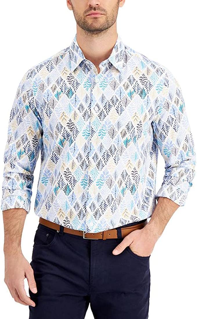 Tasso Elba Mens Dosso Leaf Printed Cotton Button-Down Shirt  Color Blue Size L