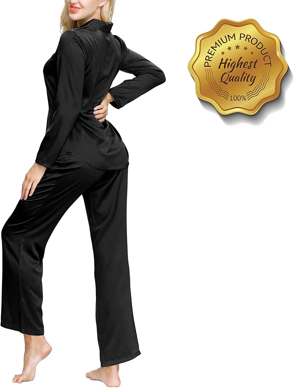 INK+IVY Women's Standard Satin Long Sleeve Button Top & Trouser Pajama Set  Color: Black Size L