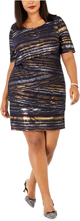 Connected Plus Women's Tiered Metallic Sheath Dress  Color Navy Size 20W