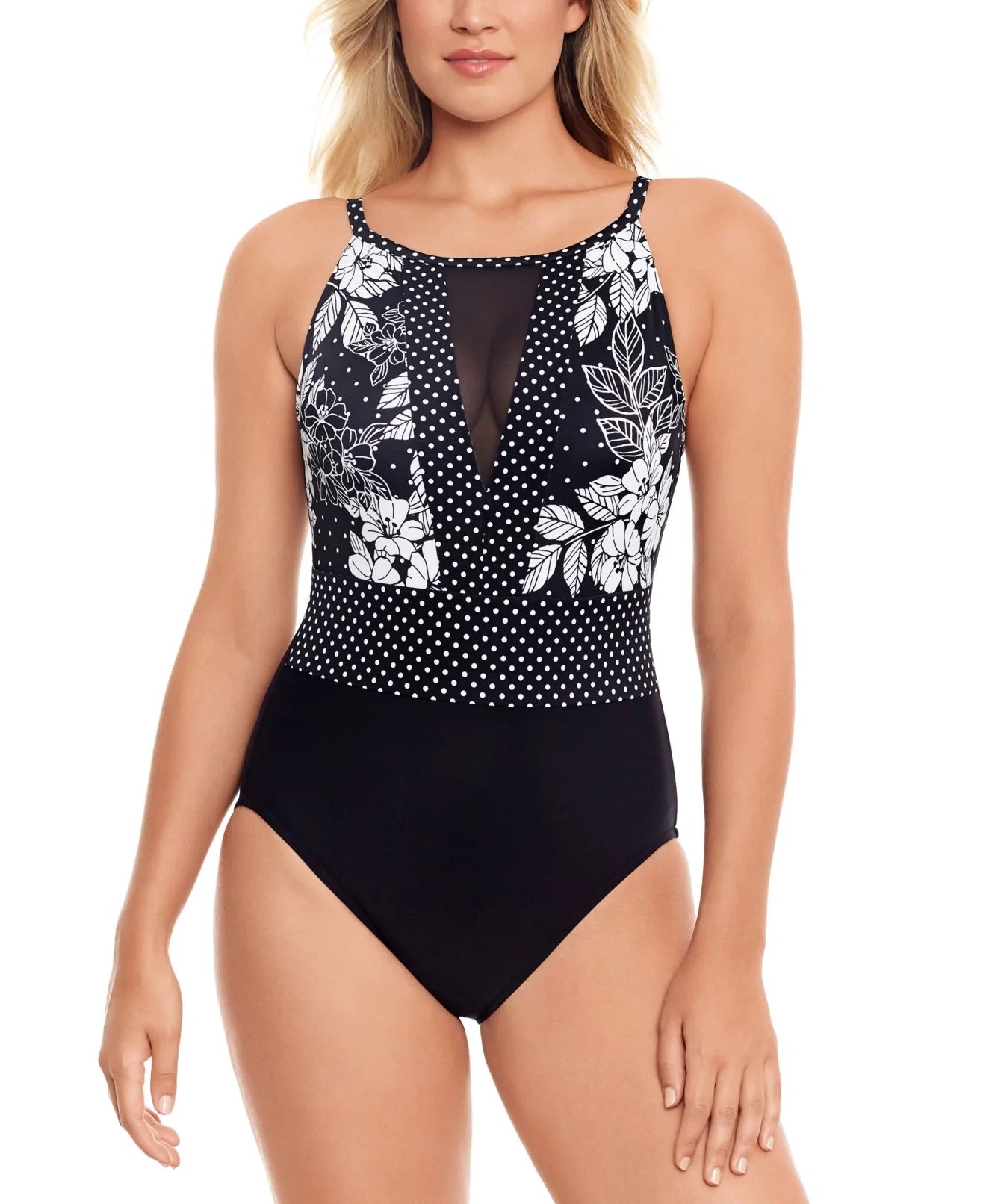 SWIM SOLUTIONS WOMENS SWIMWEAR BLACK SIZE 16 POLKA DOT FLORAL ONE PIECE  Color Black Size 16