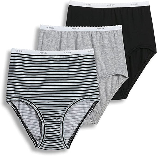 Jockey Women's Plus Size Classics Full Cut Brief 3-Pack  Grey Heather/Simple Stripe/Black Briefs Size 9/3XL