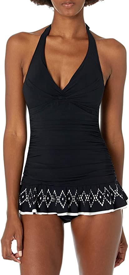 Profile by Gottex Women's Halter Laser Cut Swimdress One Piece Swimsuit  Color Tutti Frutti Black Size 8