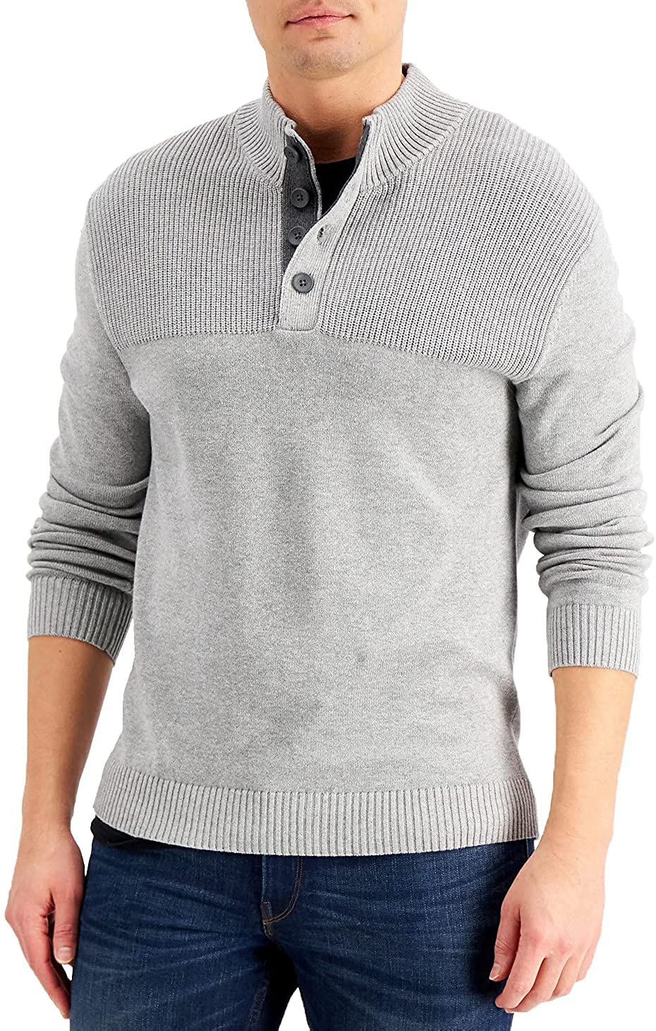 Club Room  Men's Ribbed Four Button Pullover Sweater  Color Gray Size L