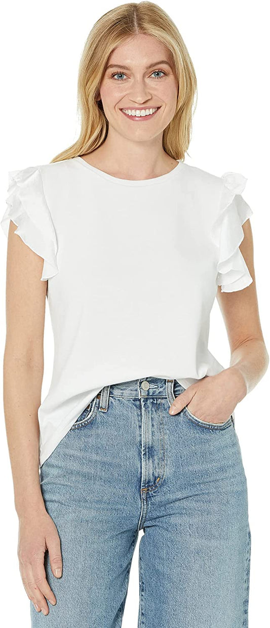 Vince Camuto Women's Tiered Ruffle Sleeve Crew Neck Tee  Color Ultra White Size L