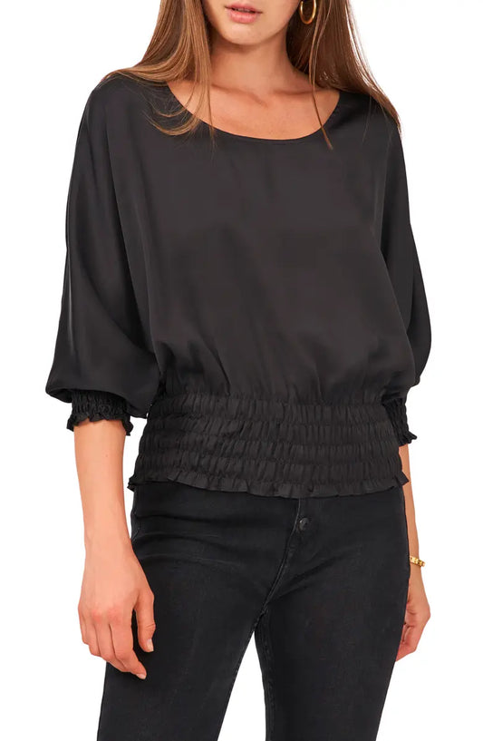 VINCE CAMUTO Women's Solid Dolman-sleeve Smocked-hem Top Color Rich Black Size XS