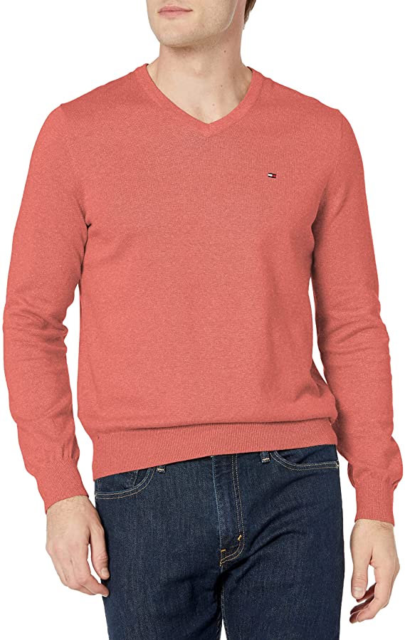 Tommy Hilfiger Men's Essential Cotton V-Neck Pullover Sweater  Color Dark Red Heather Size 2XL