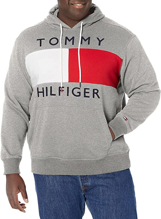 Tommy Hilfiger Men's Long Sleeve Fleece Flag Pullover Hoodie Sweatshirt  Color Grey Heather Size L