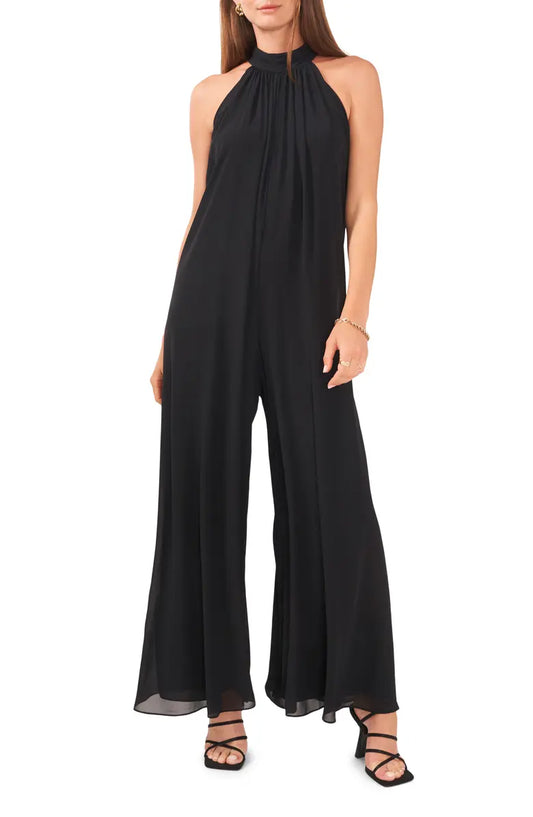 Vince Camuto Halter Neck Wide Leg Chiffon Jumpsuit  Color Black Size S