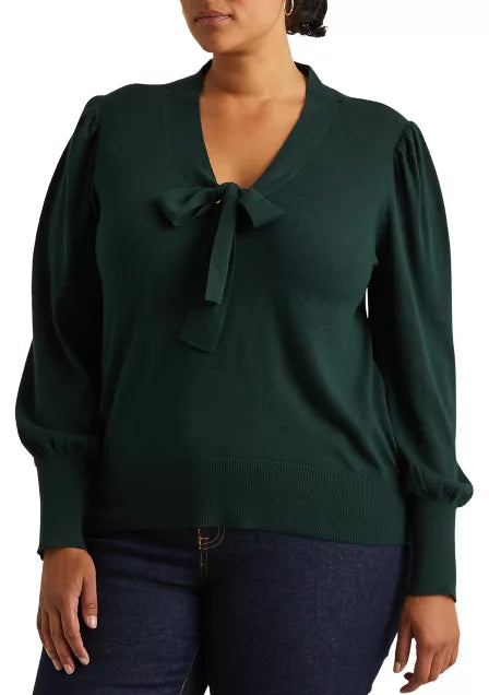 Lauren Ralph Lauren Plus-Size Cotton-Blend Puff-Sleeve Sweater  Color Deep Pine Size 2X