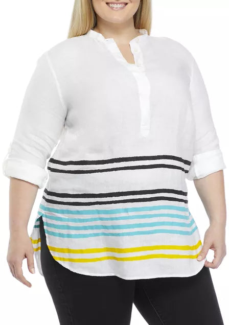 Lauren Ralph Lauren Plus-Size Striped Linen Tunic  Color Capri Water Multi Size 2X