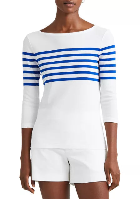 Lauren Ralph Lauren Plus-Size Striped Cotton Boat Neck Top  Color White/Sapphire Star Size 1X