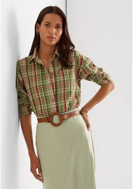 Lauren Ralph Lauren Women's Plaid Cotton Twill Shirt  Color Green Multi Size L