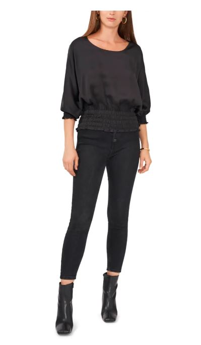 VINCE CAMUTO Women's Solid Dolman-sleeve Smocked-hem Top Color Rich Black Size XS
