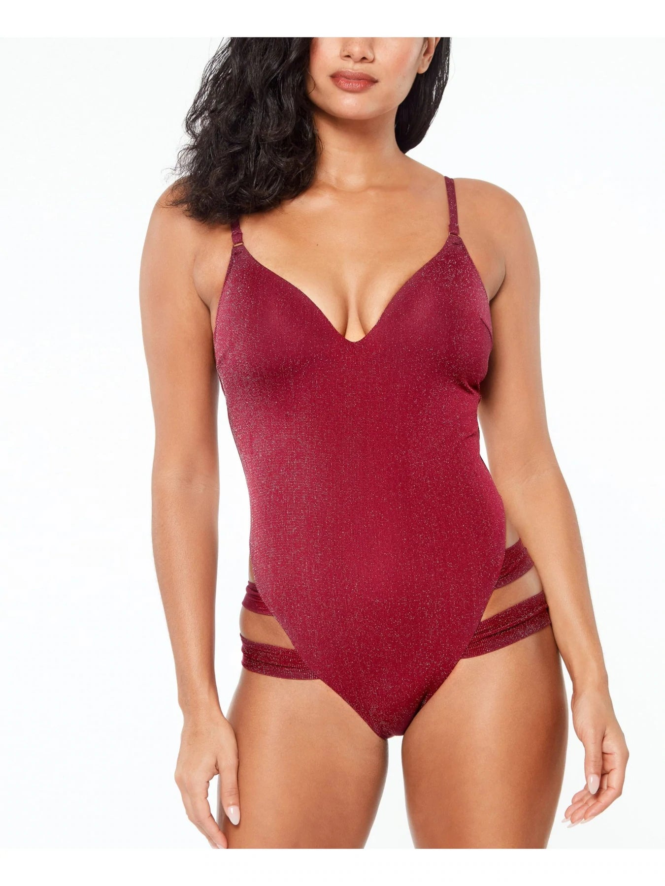 BAR III Women's Stretch Shimmer Lined Strappy Sweetheart Moderate Coverage One Piece Swimsuit  COLOR Burgundy SIZE M