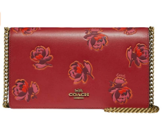 Coach Callie Foldover Chain Clutch  Color Red Apple Floral Print