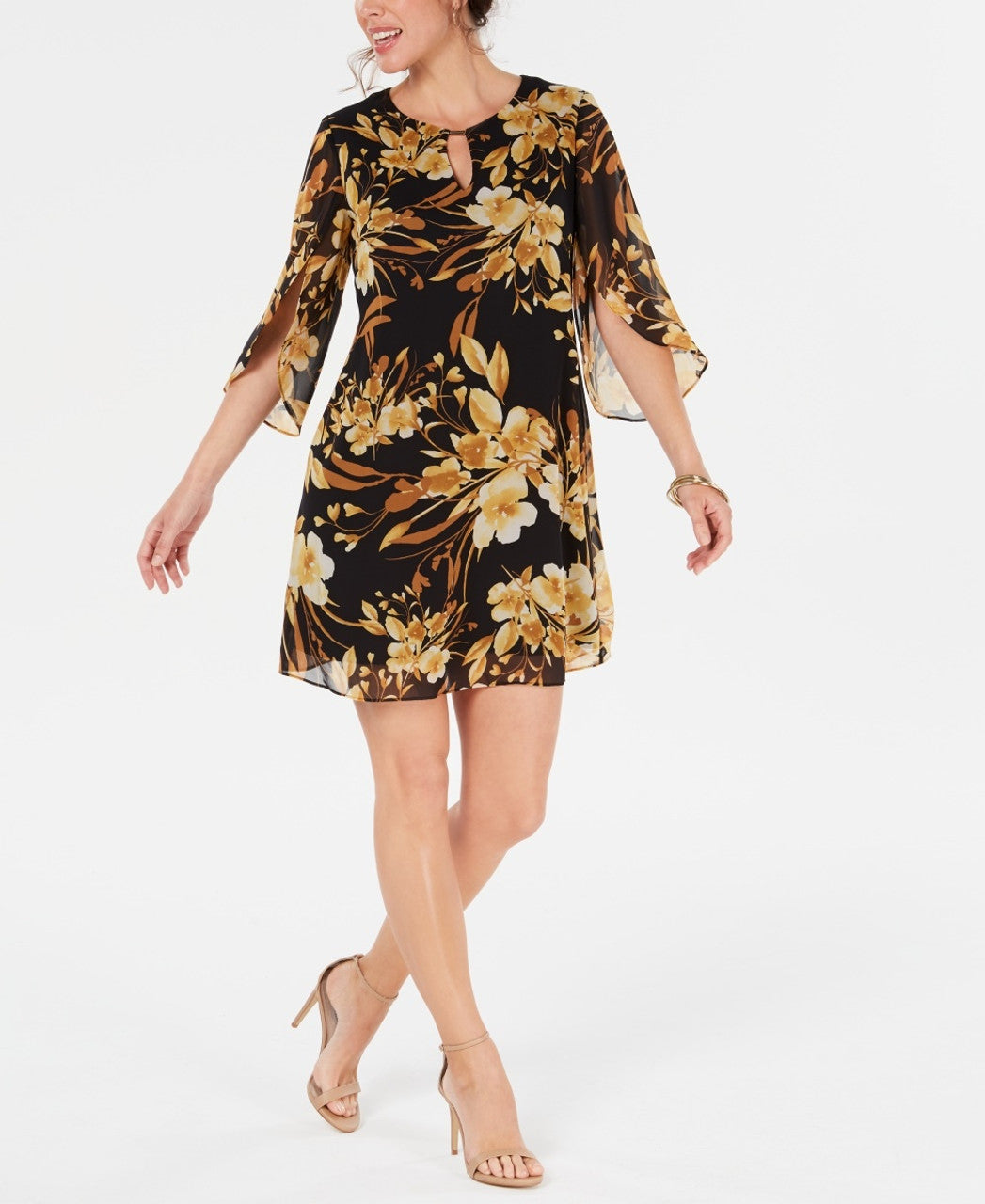 Connected Women's Petite Floral Chiffon Keyhole Dress  Color Dark Yellow Size 8P