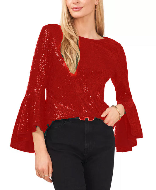 VINCE CAMUTO Women's Metallic Knit Flutter Sleeve Top  Color Vermillion Size S