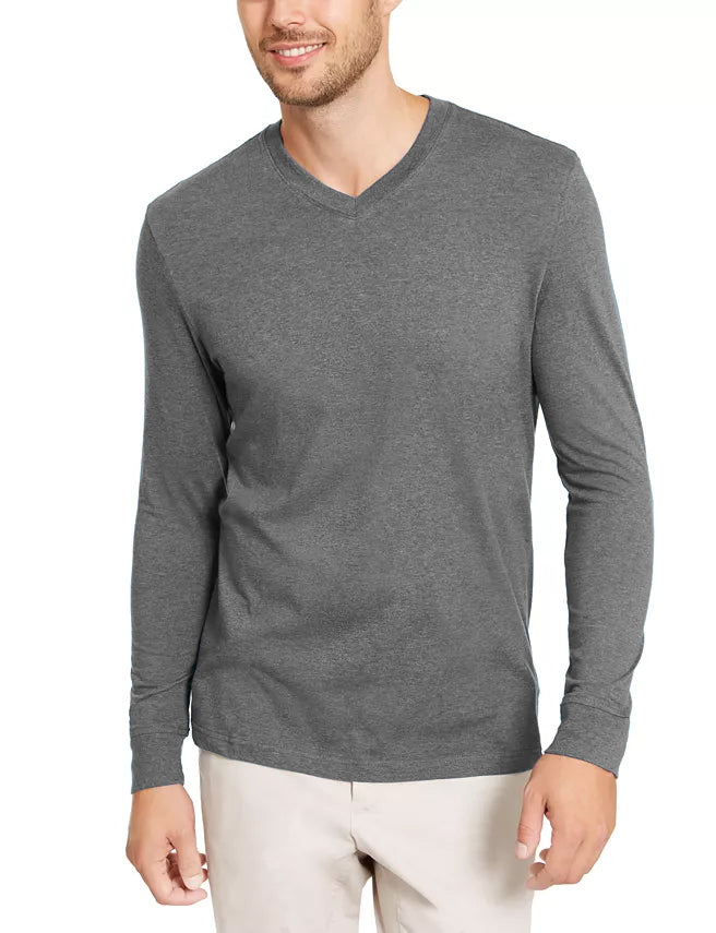 CLUB ROOM Men's V-Neck Long Sleeve T-Shirt   Color Gray Size L