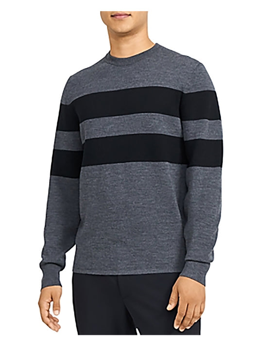 Theory Men's Arnauld Striped Crewneck Merino Sweater  Color Gray/Black Stripe Size XL