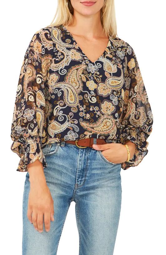 VINCE CAMUTO Paisley Smocked Sleeve Blouse  Color Classic Navy Size M