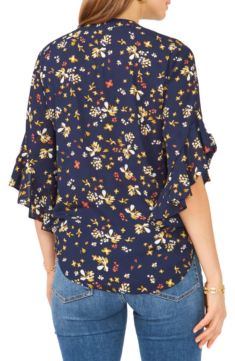 VINCE CAMUTO Womens Floral Flutter Sleeve Blouse  Color Classic Navy Size XS