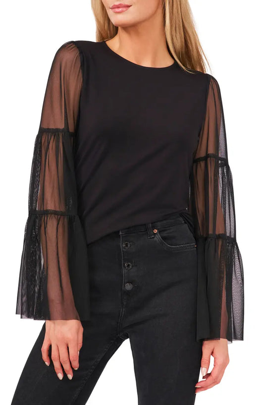 Vince Camuto Women's Mixed-Media Tiered-Sleeve Top  Color Rich Black Size XS