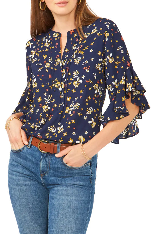 VINCE CAMUTO Womens Floral Flutter Sleeve Blouse  Color Classic Navy Size XS