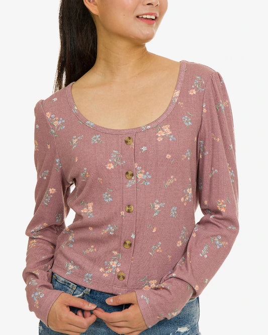 Hippie Rose Juniors' Pointelle-Knit Button-Trimmed Floral Top  Color Fig Floral Size M