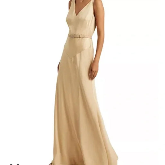 Lauren Ralph Lauren Satin Belted Sleeveless Gown  Color Pale Parchment Size 12