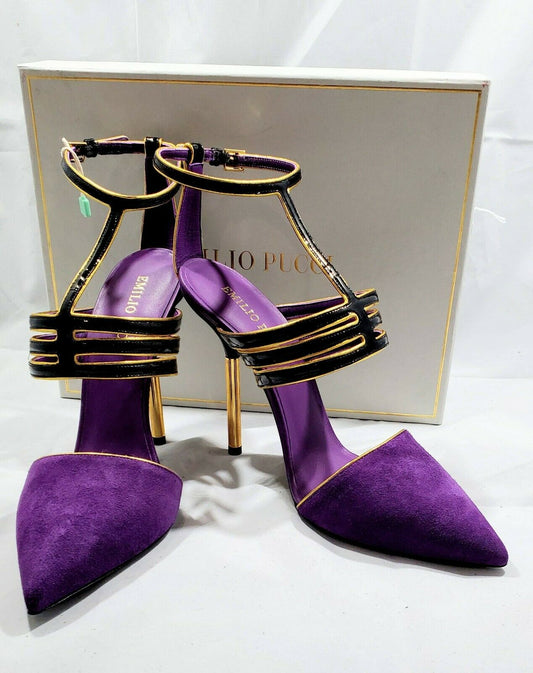 Emilio Pucci Suede T Strap Pumps  Color Purple Size EU 40/US 10