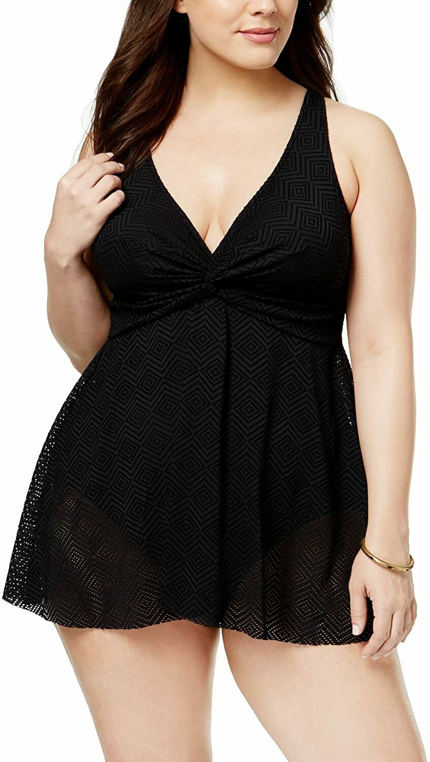 Swim Solutions CROCHET BLACK Plus Size Flyaway Tummy Control Swimdress