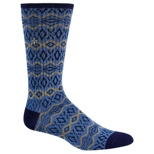 Sun Stone Mens Novelty Printed Crew Socks  Color Blue/Yellow Geo ONE SIZE