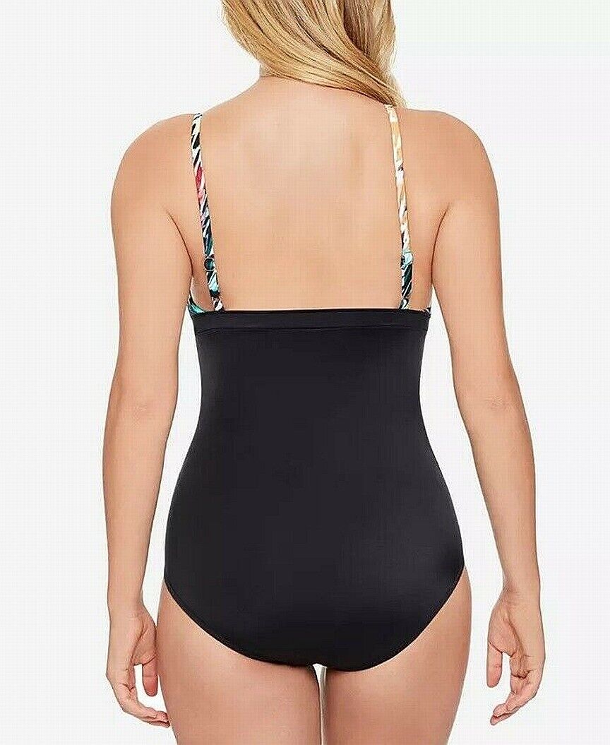 Swim Solutions V-Neck One Shirred One-Piece Swimsuit  Color Black Multi Size 16
