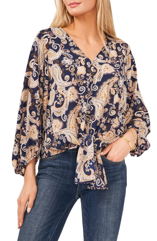 VINCE CAMUTO Womens Glasgow Paisley Ballon Sleeve Blouse  Color CLASSIC NAVY Size XXS