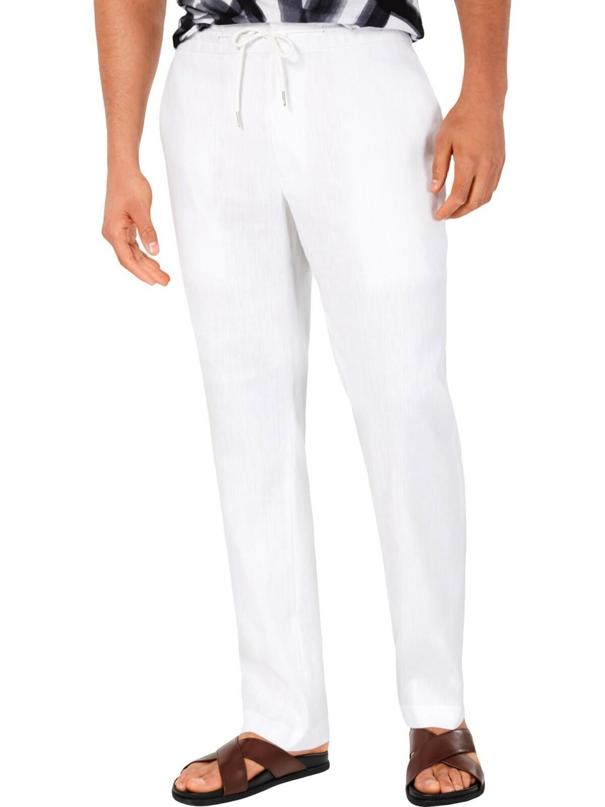 ALFANI Mens Stretch Regular Fit Linen Stretch Pants  Color White Size XL