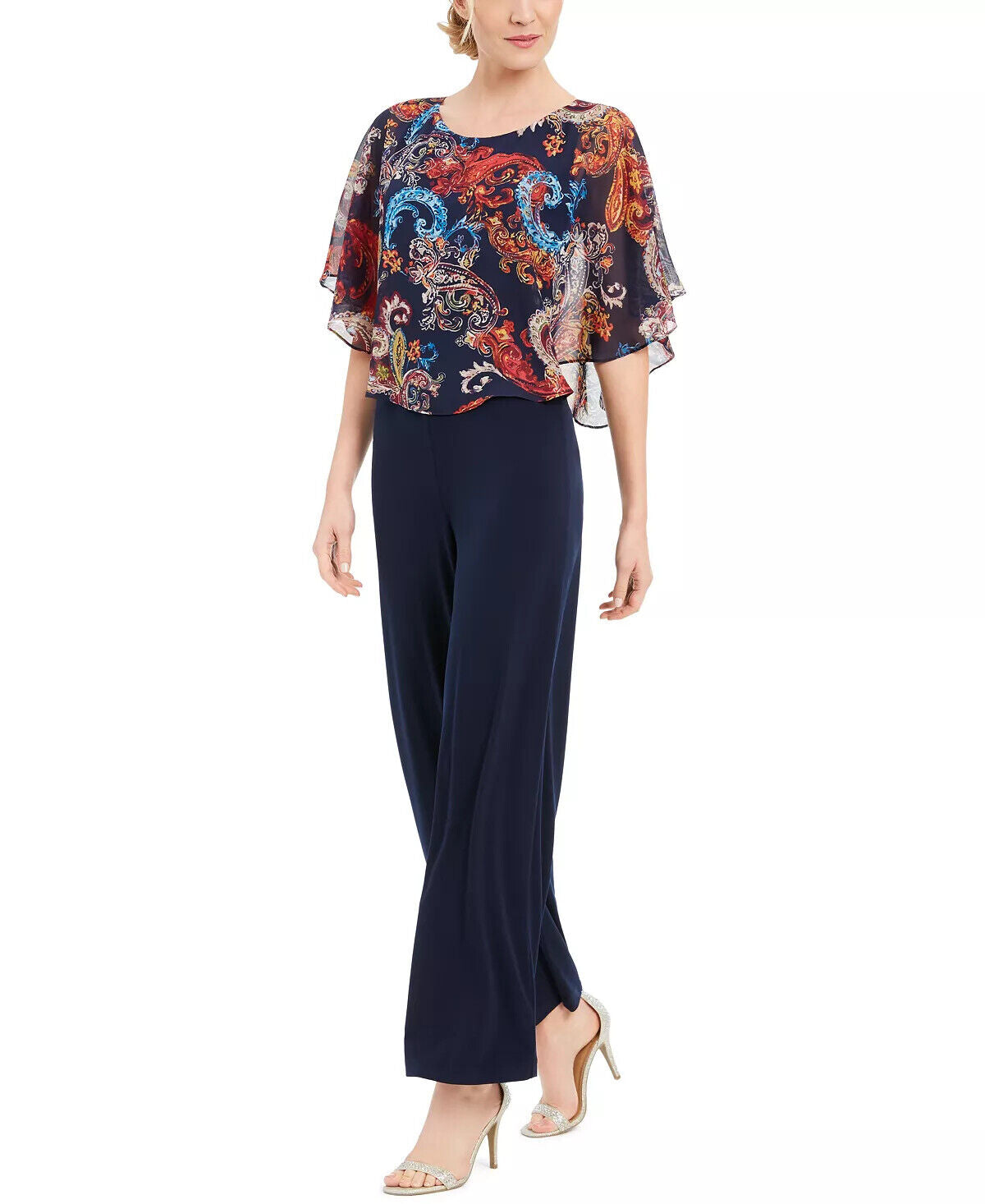 Connected Petite Floral Chiffon Cape Straight Leg Jumpsuit Color Navy Size 4P