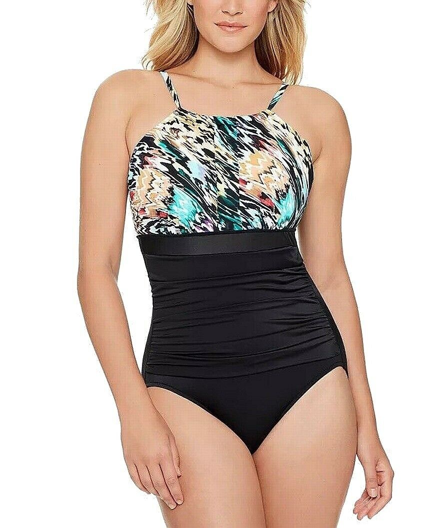 Swim Solutions V-Neck One Shirred One-Piece Swimsuit  Color Black Multi Size 16