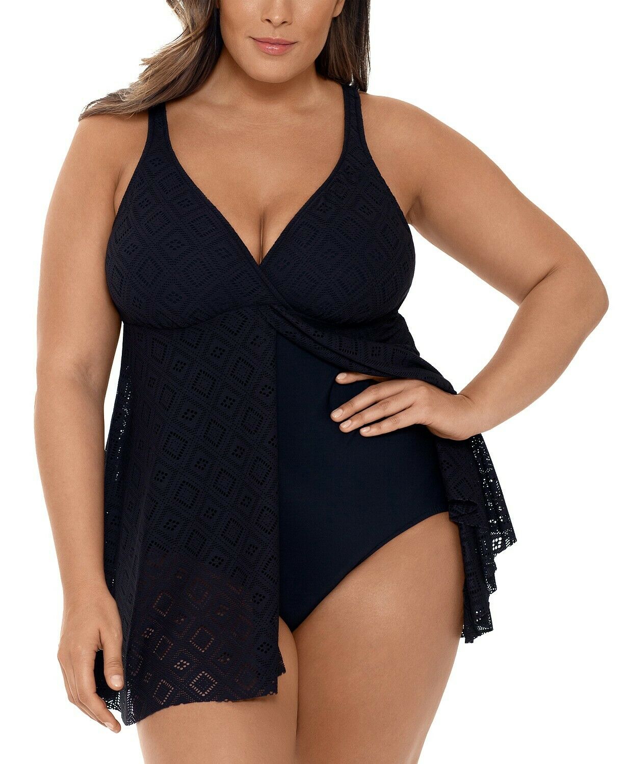 Swim Solutions CROCHET BLACK Plus Size Flyaway Tummy Control Swimdress