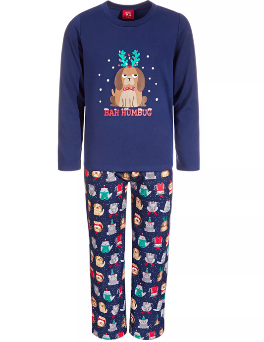 Family Pajamas Kids' 2-Piece Bah Humbug Dogs Pajama Set  Color Blue Size S(6/7)